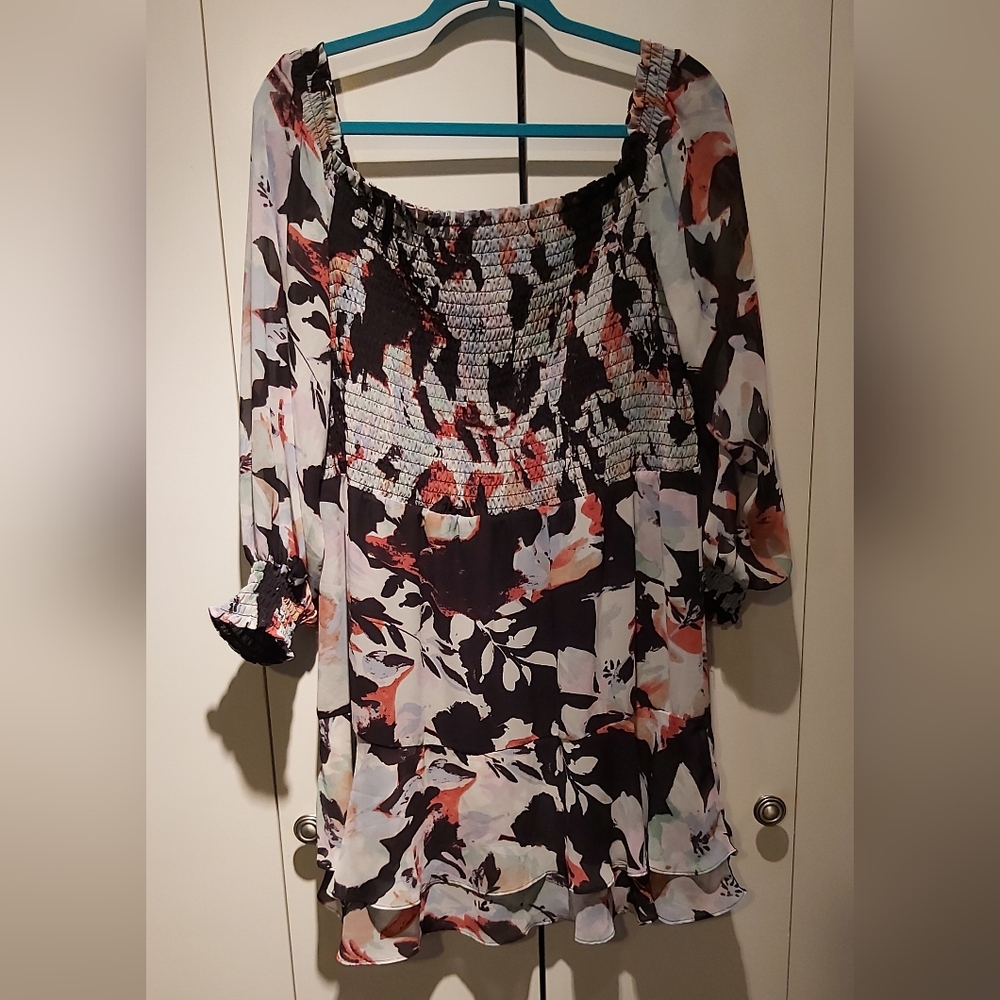 Bar III floral long sleeve midi dress, XXL, semi sheer sleeves.